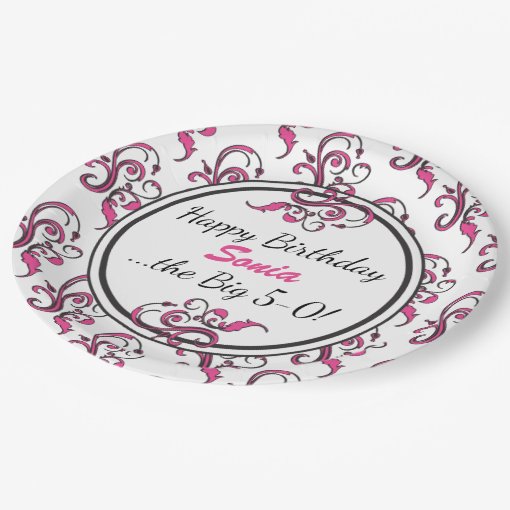 Personalized 50th Birthday Pink Swirls Paper Plate | Zazzle