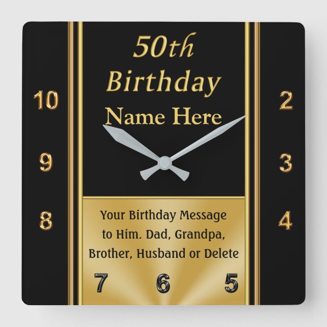 Personalized, 50th Birthday Presents for Him Square Wall Clock (Front)