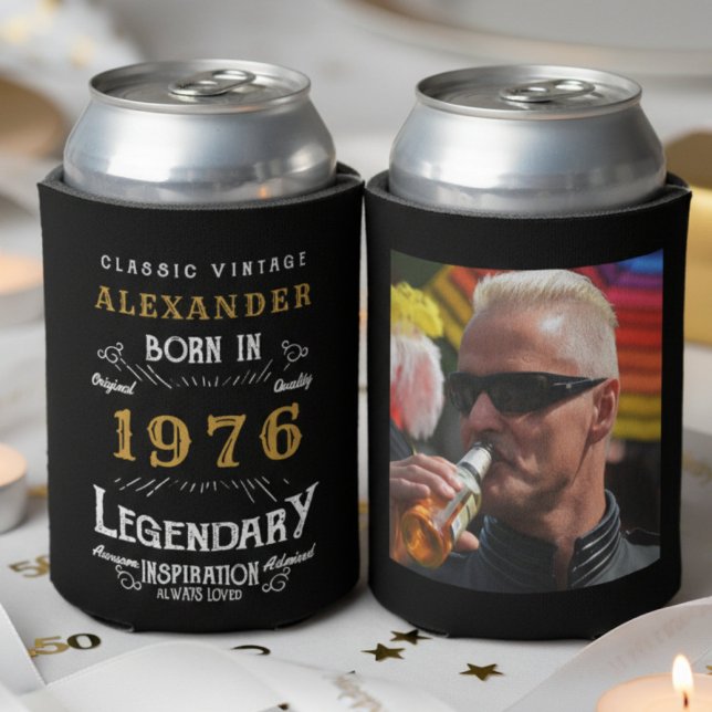 Personalized 50th Birthday Vintage Photo Keepsake Can Cooler (50th birthday can coolers showing front and back on a white background.)