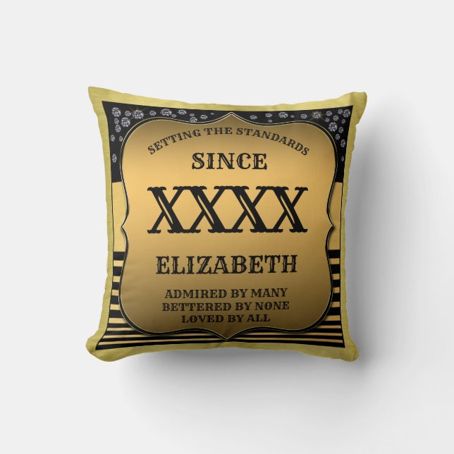 Personalized 50th Birthday Year Black Gold Retro Throw Pillow (Front)