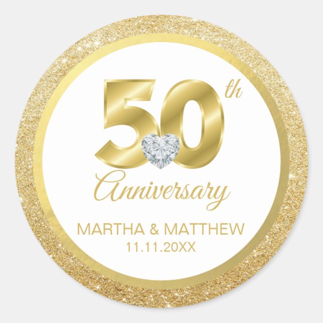 Personalized 50th Gold Wedding Anniversary Classic Round Sticker (Front)