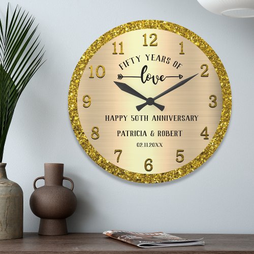 Personalized 50th Gold Wedding Anniversary Glitter Large Clock