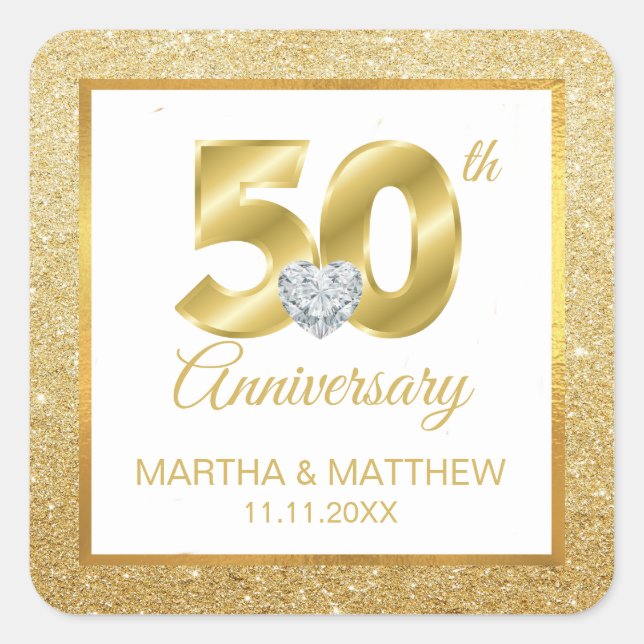 Personalized 50th Gold Wedding Anniversary Square Sticker (Front)