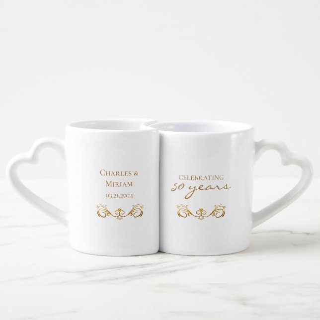 Personalized 50th Golden Anniversary Gift Favor Coffee Mug Set (Back Nesting)