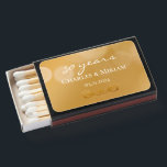Personalized 50th Golden Anniversary Keepsake Gift Matchboxes<br><div class="desc">Add the couple's names and wedding anniversary date for a beautiful keepsake with this elegant stylish golden toned match box favor. Simple, elegant white script saying "50 years" can be edited to any number for another anniversary year. The illusion of glitter or fairy lights is created with golden gradient background....</div>