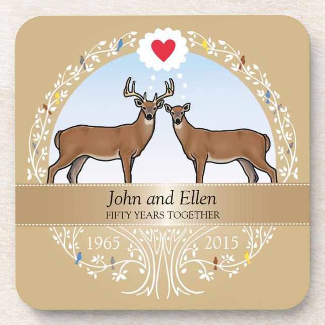 Personalized 50th Wedding Anniversary, Buck & Doe Drink Coaster (Front)