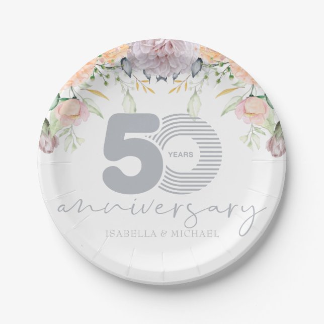 Personalized 50th Wedding Anniversary Floral Paper Plates (Front)