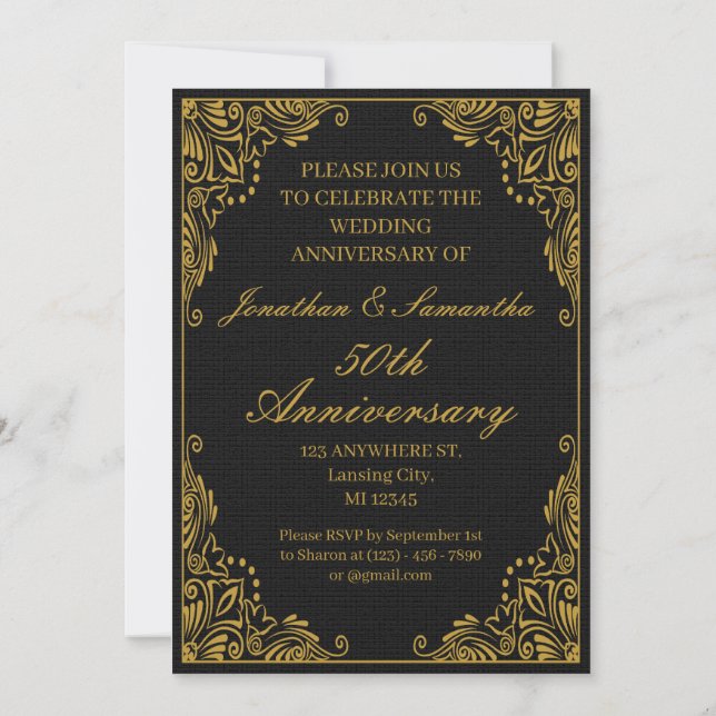 Personalized 50th wedding Anniversary Gold Black Invitation (Back)