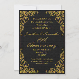 Personalized 50th wedding Anniversary Gold Black Invitation