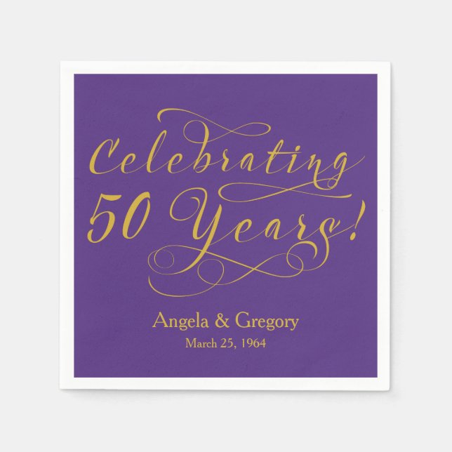 Personalized 50th Wedding Anniversary Gold Purple Paper Napkins (Front)