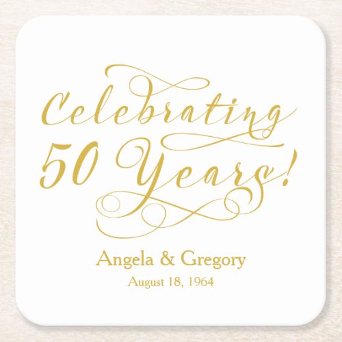 Personalized 50th Wedding Anniversary Gold White Square Paper Coaster