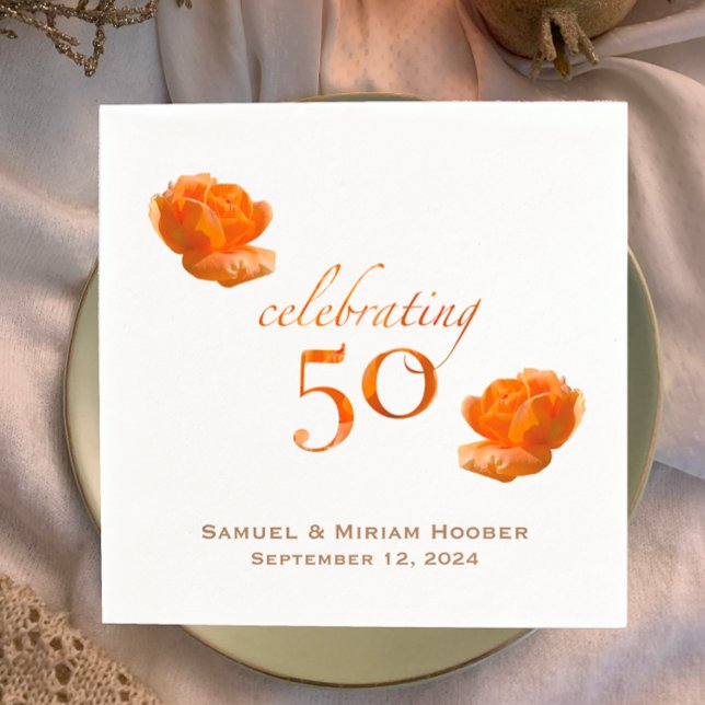 Personalized 50th wedding anniversary peach rose napkins (Personalized unique elegant peach rose napkins for 50th golden anniversary party with couples names.)