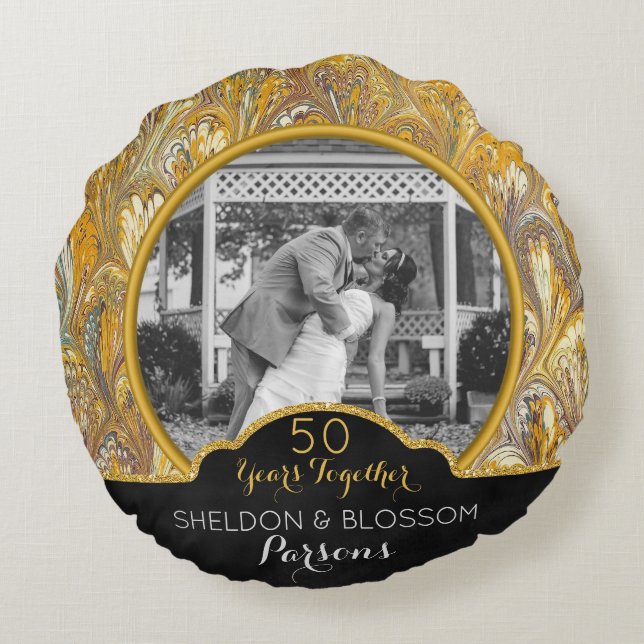 Personalized 50th Wedding Anniversary Photo Golden Round Pillow (Back)
