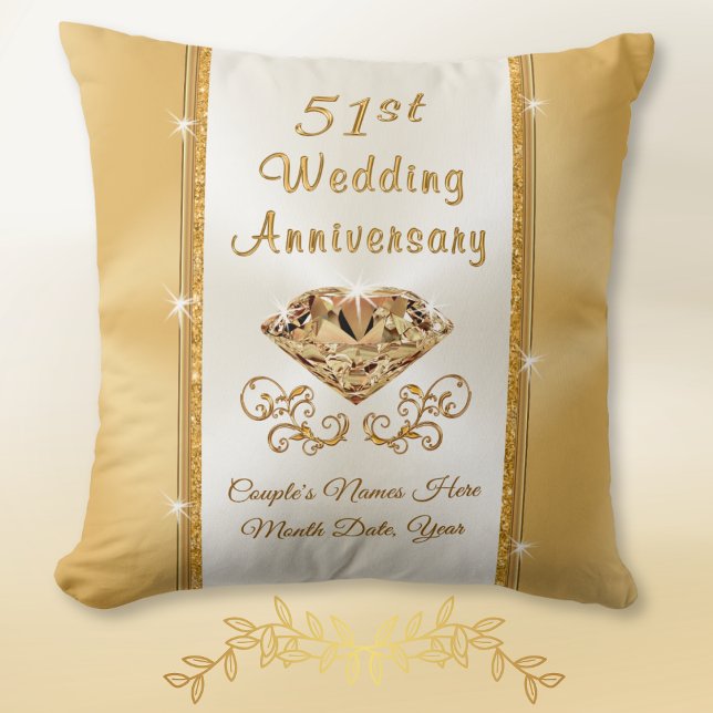 Personalized 51st Wedding Anniversary Gift. Pillow (51 year wedding anniversary gift. 51st anniversary gift for parents, grandparents and couple. Golden)