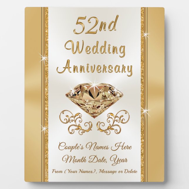 Personalized 52nd Wedding Anniversary Gift Plaque (Front)