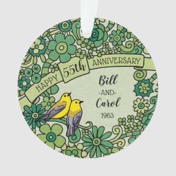 Personalized 55th Anniversary Emerald Floral Birds Ornament by DuchessOfWeedlawn at Zazzle