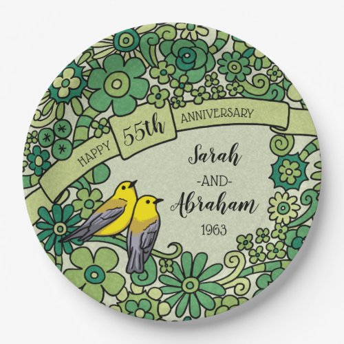 Personalized 55th Anniversary Emerald Floral Birds Paper Plates