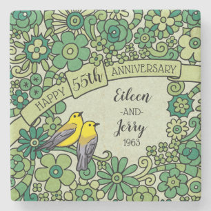 Personalized 55th Anniversary Emerald Floral Birds Stone Coaster