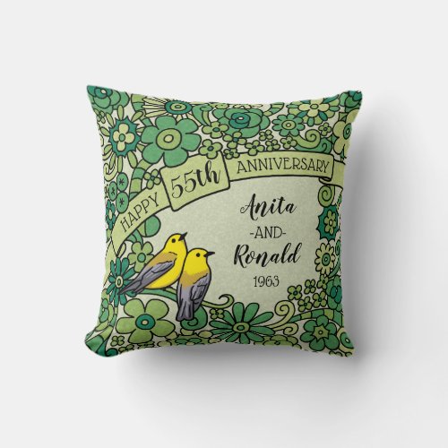 Personalized 55th Anniversary Emerald Floral Birds Throw Pillow