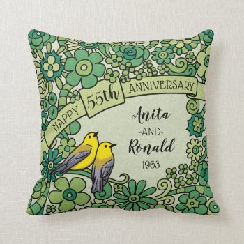 Personalized 55th Anniversary Emerald Floral Birds Throw Pillow by DuchessOfWeedlawn at Zazzle