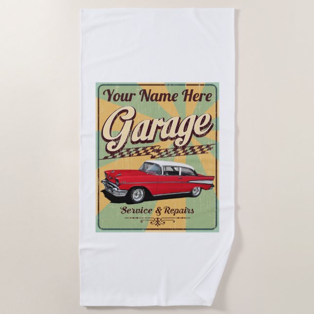 Personalized 57 Chevy Garage Beach Towel (Front)