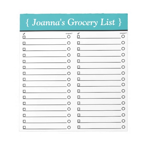 Personalized 55 x 6 Teal Grocery List Notepad
