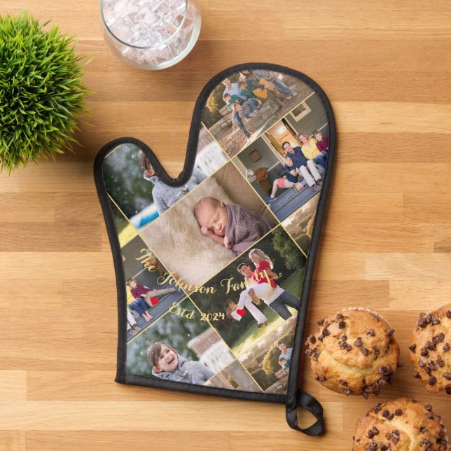 Personalized 5 Family Photo Collage Monogrammed Oven Mitt (Top down)
