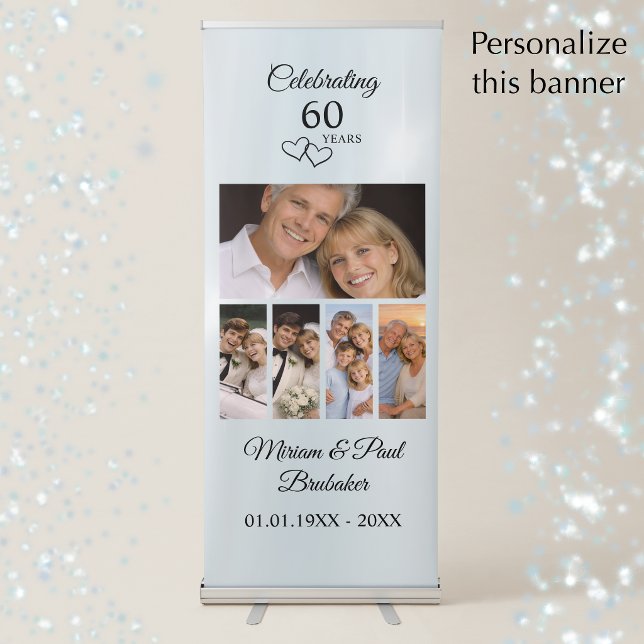 Personalized 5 Photo 60th Anniversary Welcome Retractable Banner (Add your photos and names for an elegant diamond wedding anniversary party banner sign.
)
