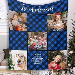 Personalized 5 Photo Collage Blue Buffalo Plaid Fleece Blanket