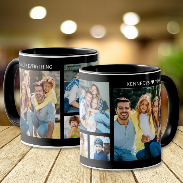 Personalized 5 Photo Collage Family Name Black Mug (Creator Uploaded)