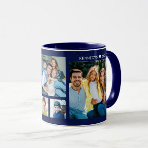Personalized 5 Photo Collage Family Name Navy Blue Mug