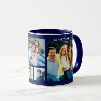 Personalized 5 Photo Collage Family Name Navy Blue Mug