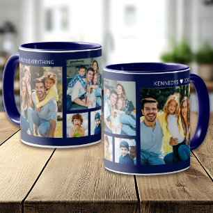 Personalized 5 Photo Collage Family Name Navy Blue Mug