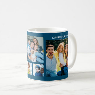 Personalized 5 Photo Collage Family Name Oean Blue Coffee Mug