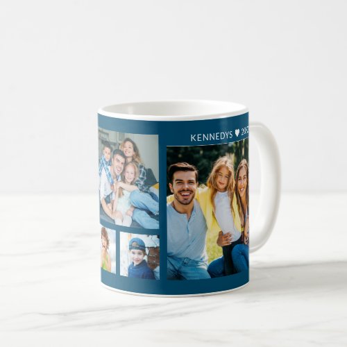Personalized 5 Photo Collage Family Name Oean Blue Coffee Mug