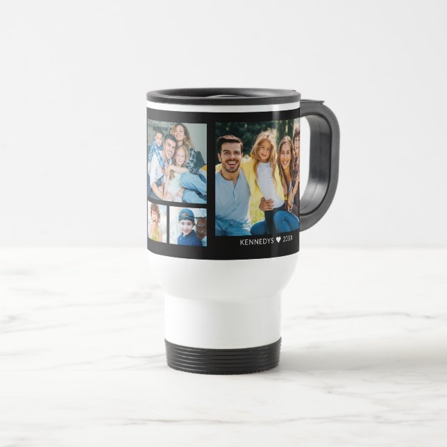 Personalized  5 Photo Collage Family Quote Black Travel Mug (Front Right)