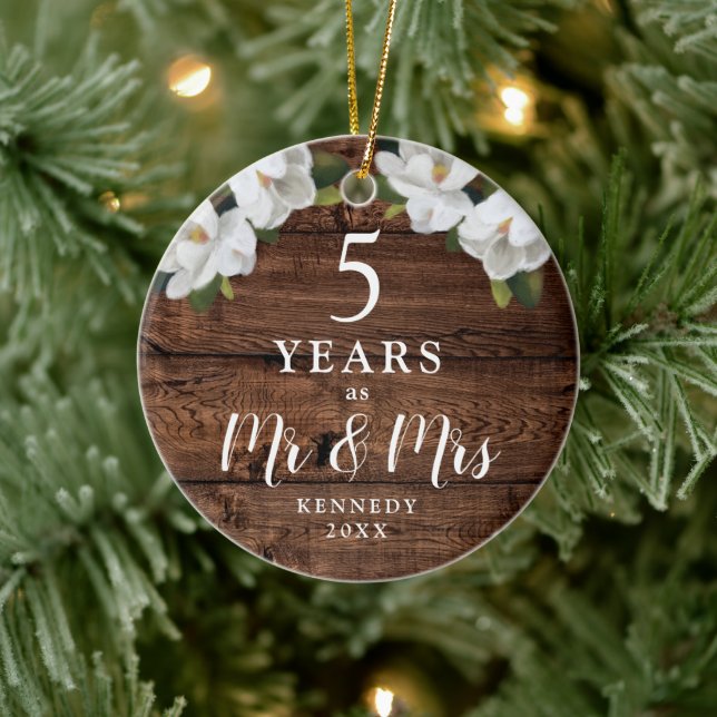 Personalized 5 Year Wood Anniversary Mr & Mrs Gift Ceramic Ornament (Tree)