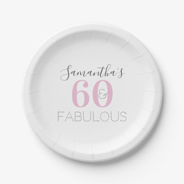 Personalized 60 and fabulous Modern Pink Birthday Paper Plates (Front)