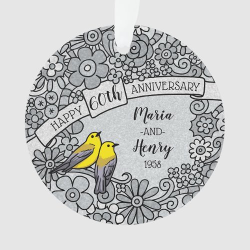 Personalized 60th Anniversary Diamond Floral Bird Ornament