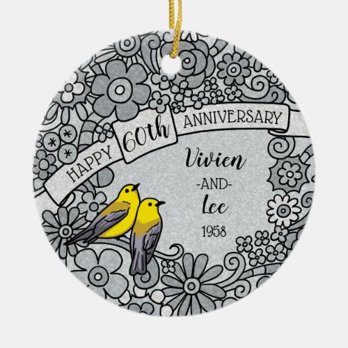 Personalized 60th Anniversary Diamond Floral Birds Ceramic Ornament