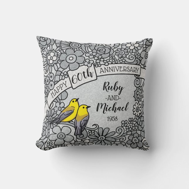 Personalized 60th Anniversary DIamond Floral Birds Throw Pillow (Front)