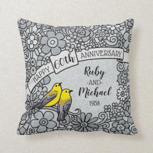 Personalized 60th Anniversary DIamond Floral Birds Throw Pillow