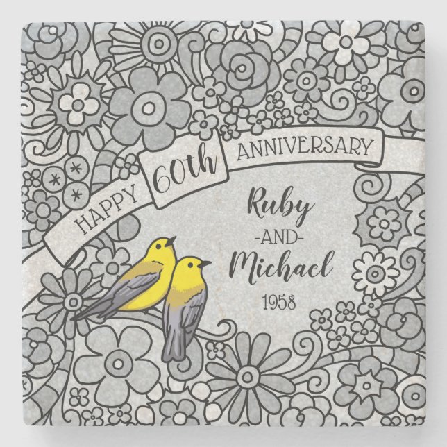Personalized 60th Anniversary, Floral and Birds Stone Coaster (Front)