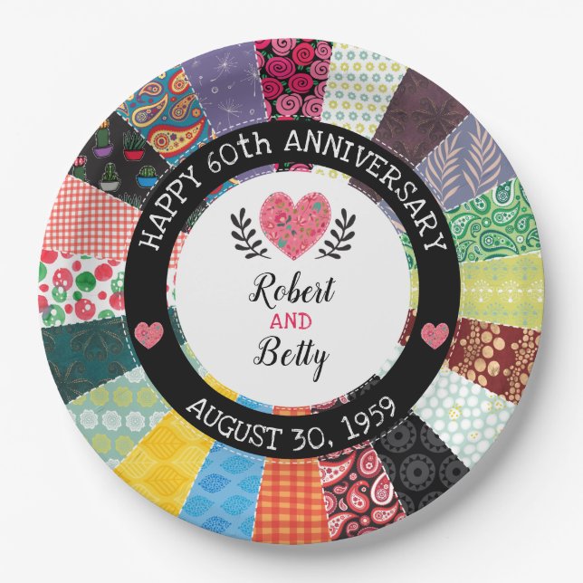 Personalized 60th Anniversary, Patchwork Quilt Paper Plates (Front)