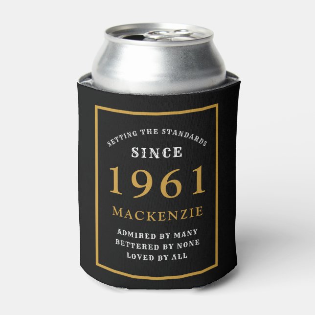 Personalized 60th Birthday 1961 Elegant Black Gold Can Cooler (Can Front)