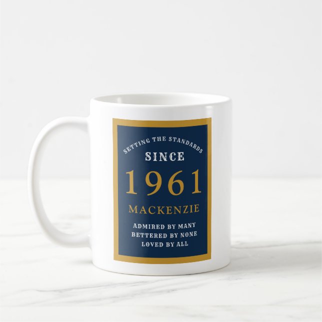 Personalized 60th Birthday 1961 Elegant Blue Gold Coffee Mug (Left)