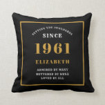 Personalized 60th Birthday 1961 Elegant Chic Black Throw Pillow<br><div class="desc">For those born in 1961 and celebrating their 60th birthday we have the ideal surprise birthday party throw pillow gift. The black background with a white and gold design is simple and yet elegant. Easily customize the text to the front and the interior of these party supplies using the template...</div>