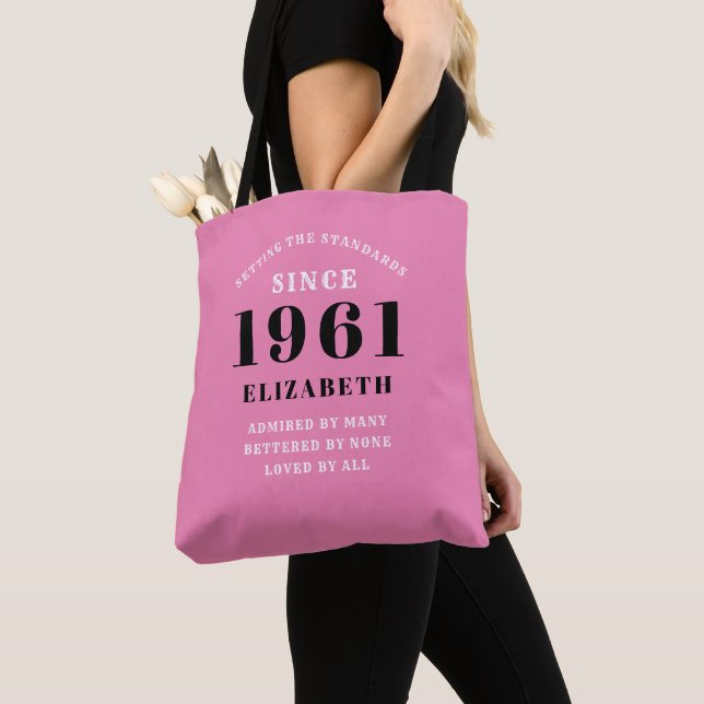Personalized 60th Birthday 1961 Elegant Chic Pink Tote Bag (Close Up)