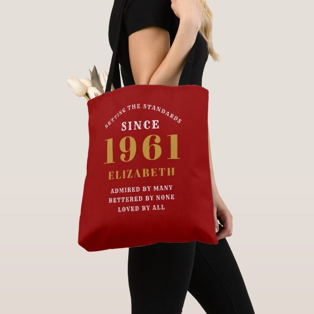 Personalized 60th Birthday 1961 Elegant Chic Red Tote Bag (Close Up)