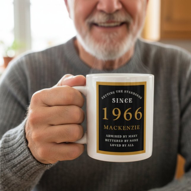 Personalized 60th Birthday 1966 Elegant Black Gold Coffee Mug (1966 coffee mug held by a man)